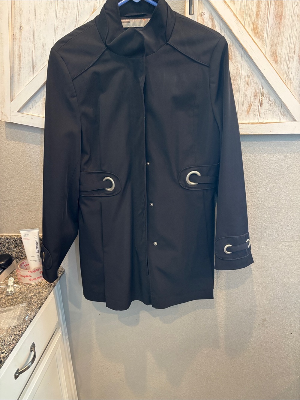 Perry Ellis Black Snap-Front Trench Coat with Ring Details ptp 21